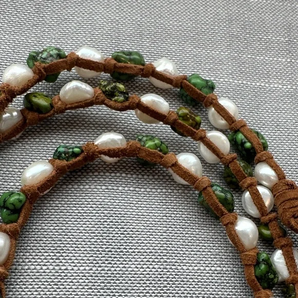 Handcrafted Green Turquoise and Freshwater Pearl Necklace knotted with Suede